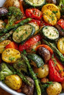 Bowl of garlic roasted vegetables featuring colorful bell peppers, zucchini, and carrots
