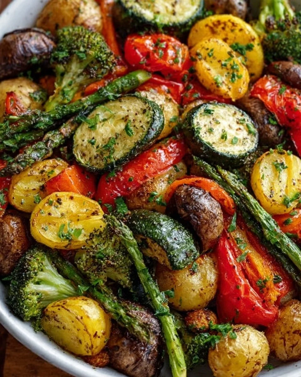 Bowl of garlic roasted vegetables featuring colorful bell peppers, zucchini, and carrots