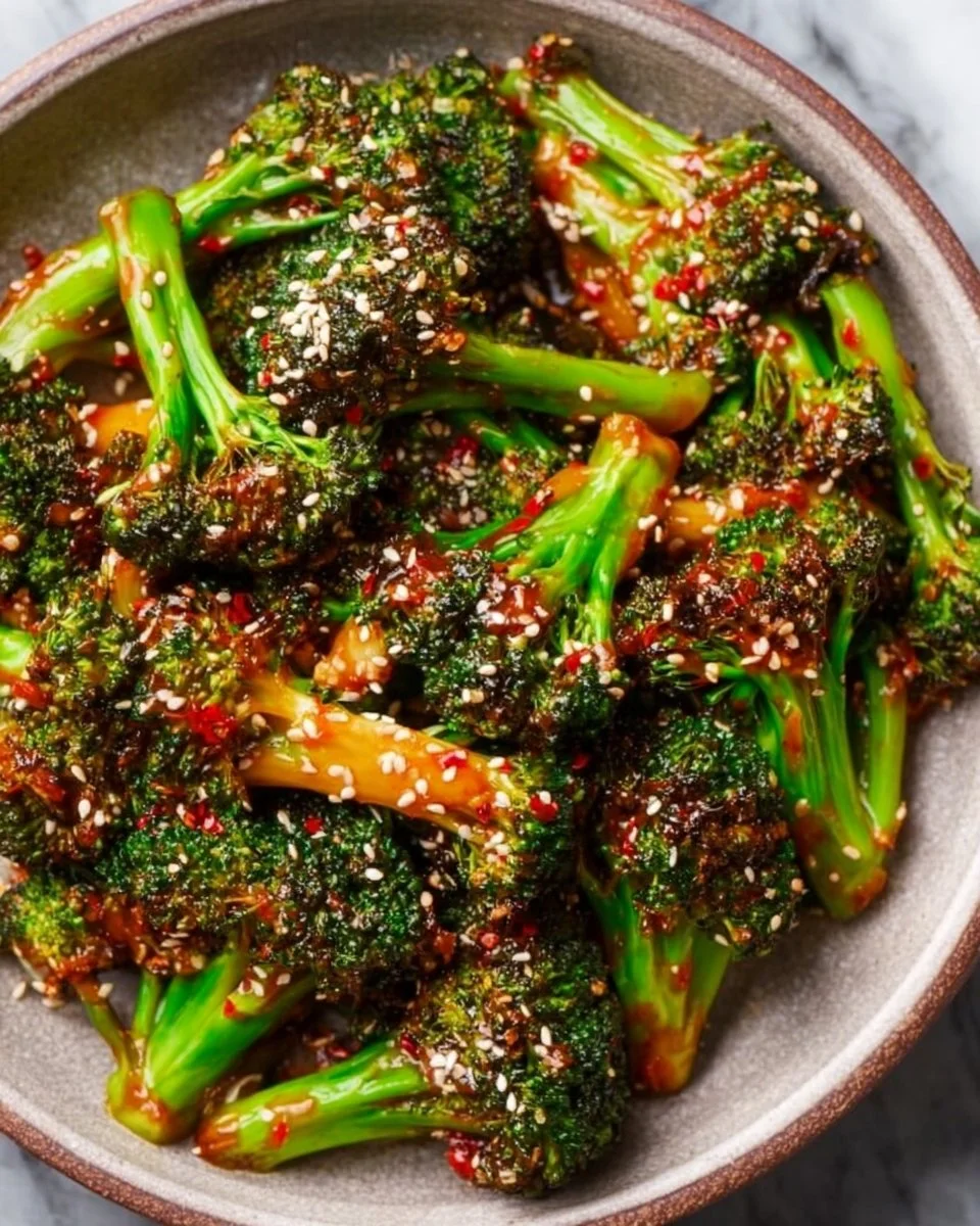 Delicious Gochujang Broccoli served on a plate with garnish.