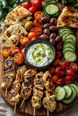 Greek Chicken Souvlaki Grazing Board with Feta Dip, a delicious Mediterranean sharing platter.