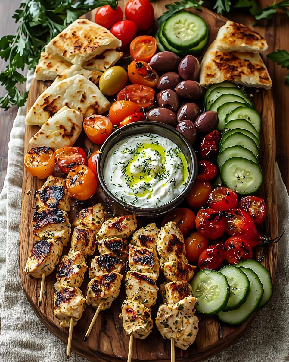 Greek Chicken Souvlaki Grazing Board with Feta Dip, a delicious Mediterranean sharing platter.