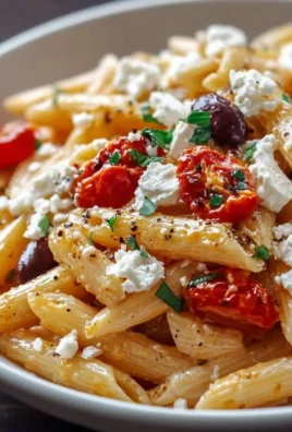 A plate of Greek Pasta with Feta decorated with fresh herbs and olives.