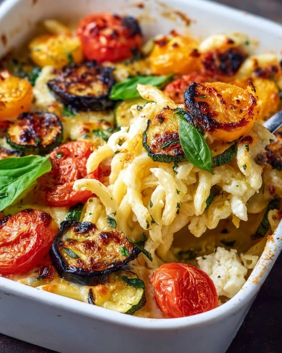 Healthy baked feta pasta with fresh vegetables in a serving bowl.
