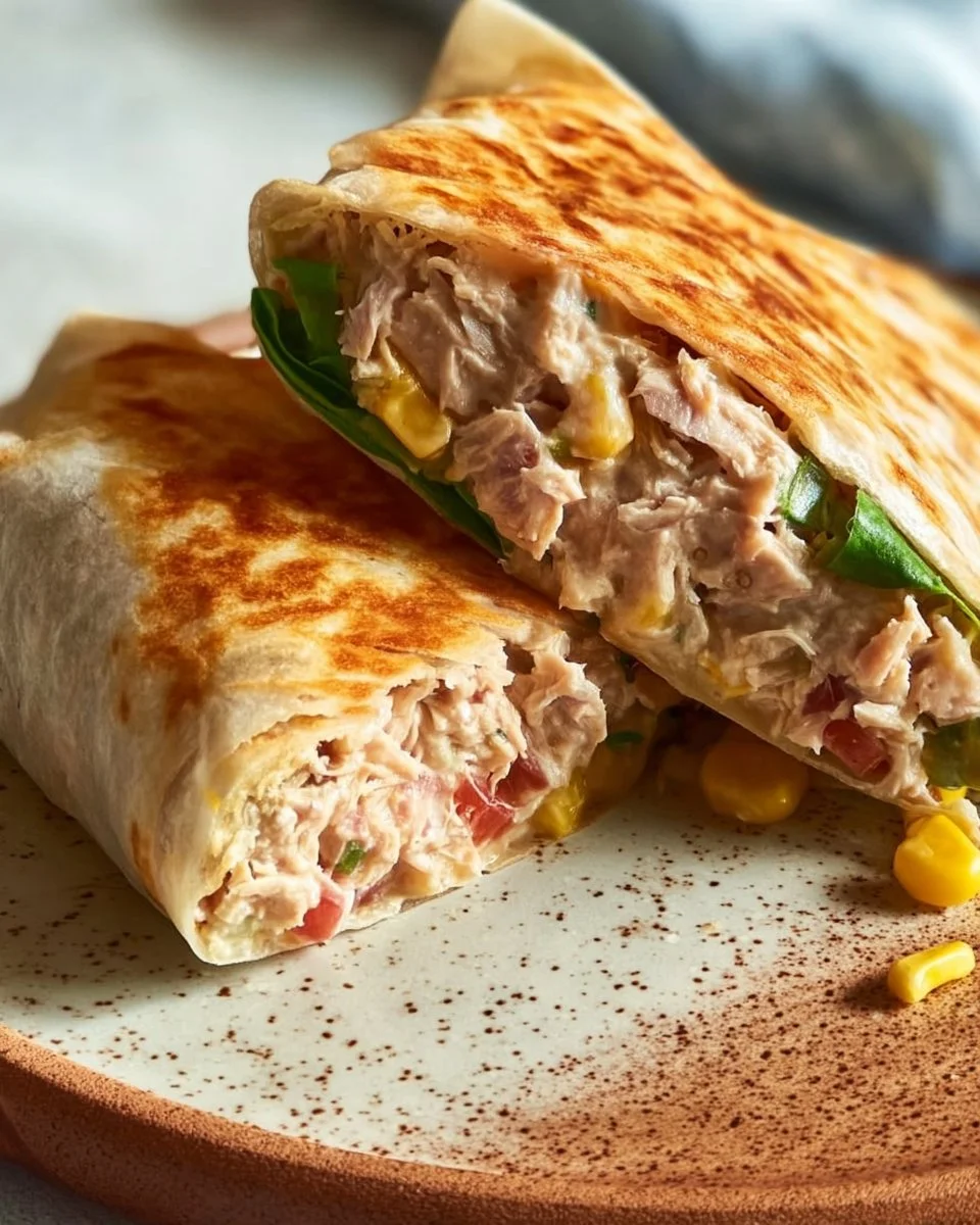 Healthy tuna melt wrap with fresh ingredients and melted cheese