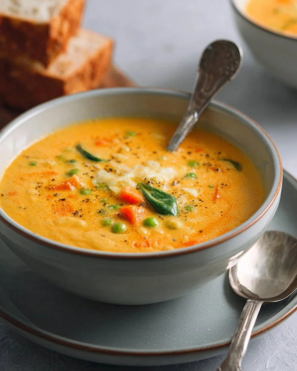 Bowl of hearty creamy vegetable soup with fresh vegetables and herbs