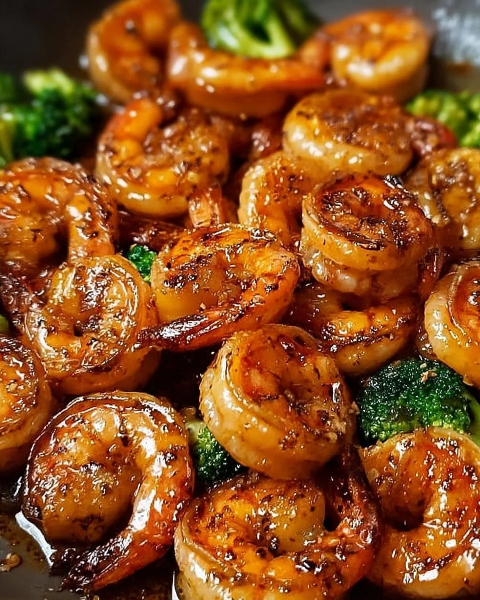 High-protein honey garlic shrimp served on a plate with vegetables.
