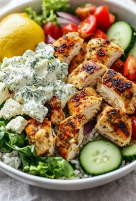 High protein Mediterranean chicken bowls with lemon-dill dressing and vegetables