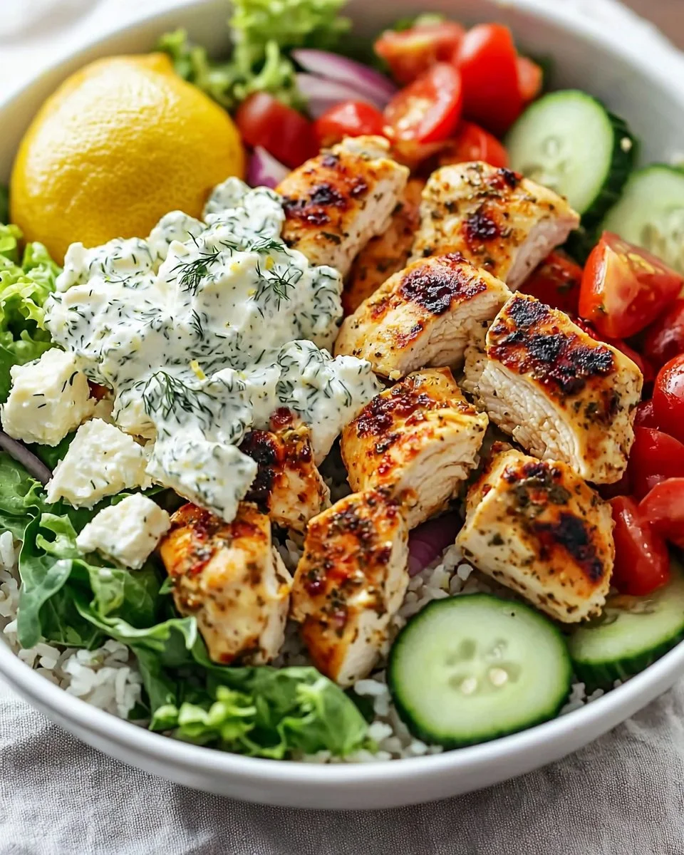 High protein Mediterranean chicken bowls with lemon-dill dressing and vegetables