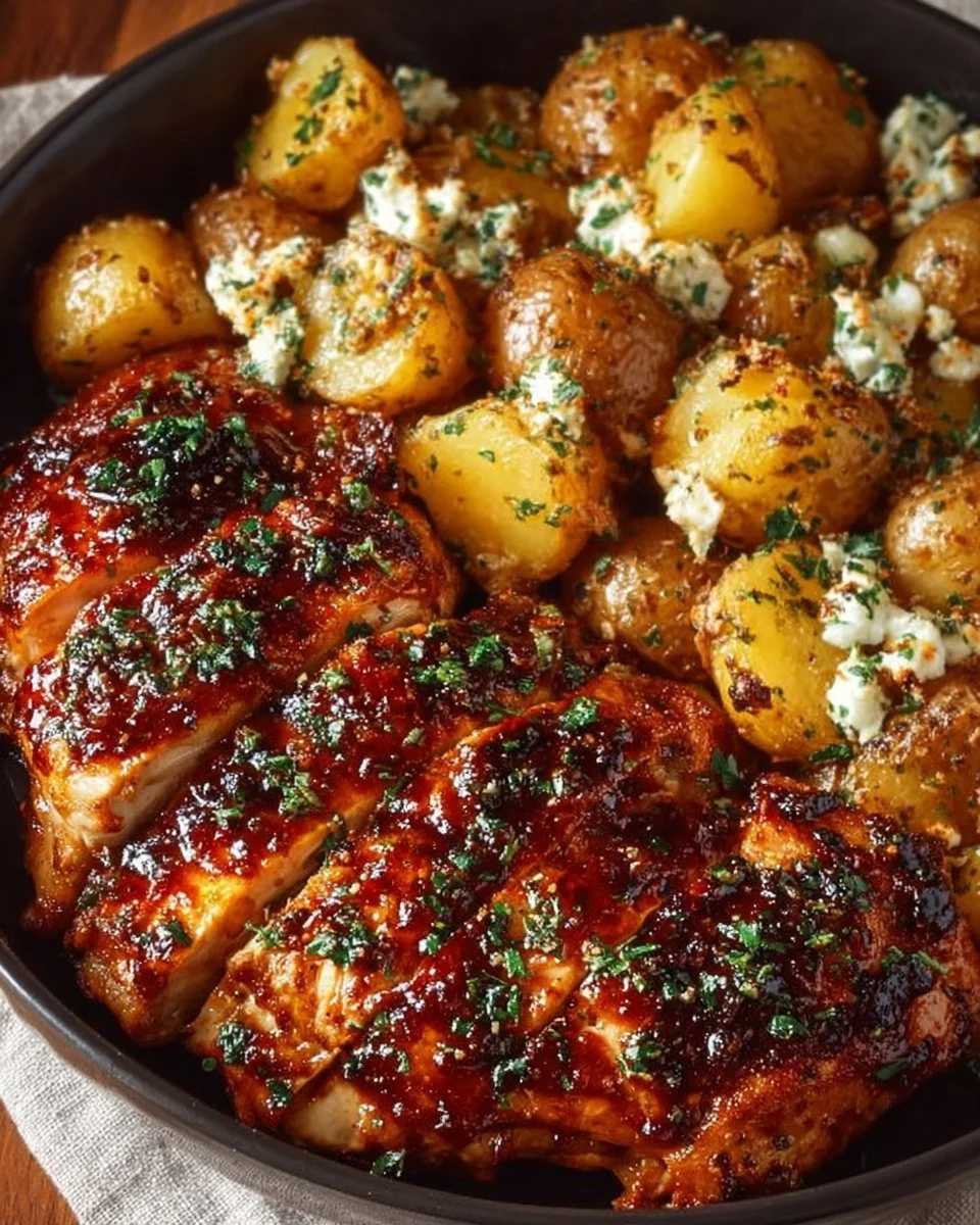 Delicious Honey BBQ Chicken served with Garlic Parmesan Potatoes