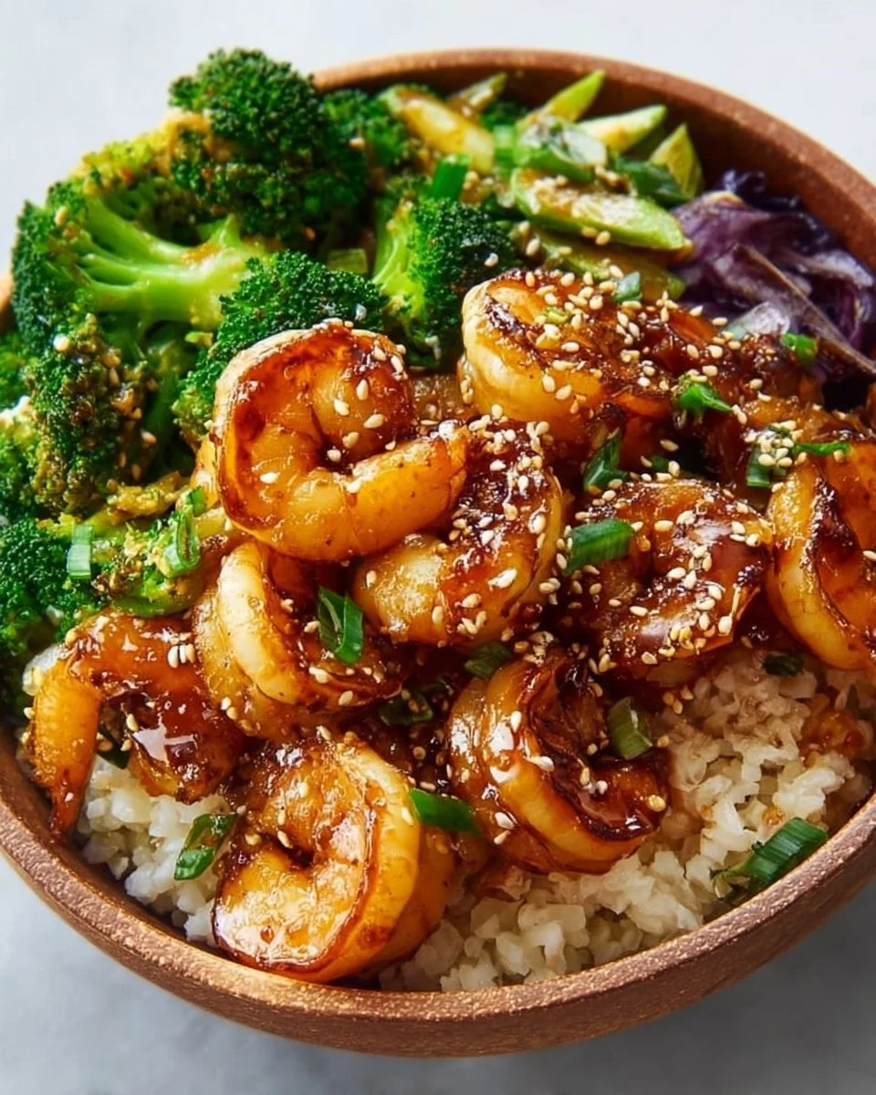 Honey Garlic Shrimp Bowls with colorful vegetables and rice