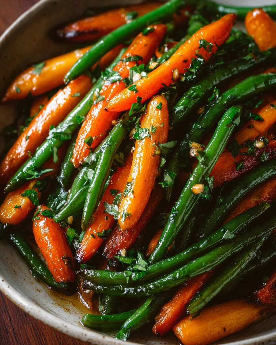 Honey glazed carrots and green beans served on a plate garnished with herbs.