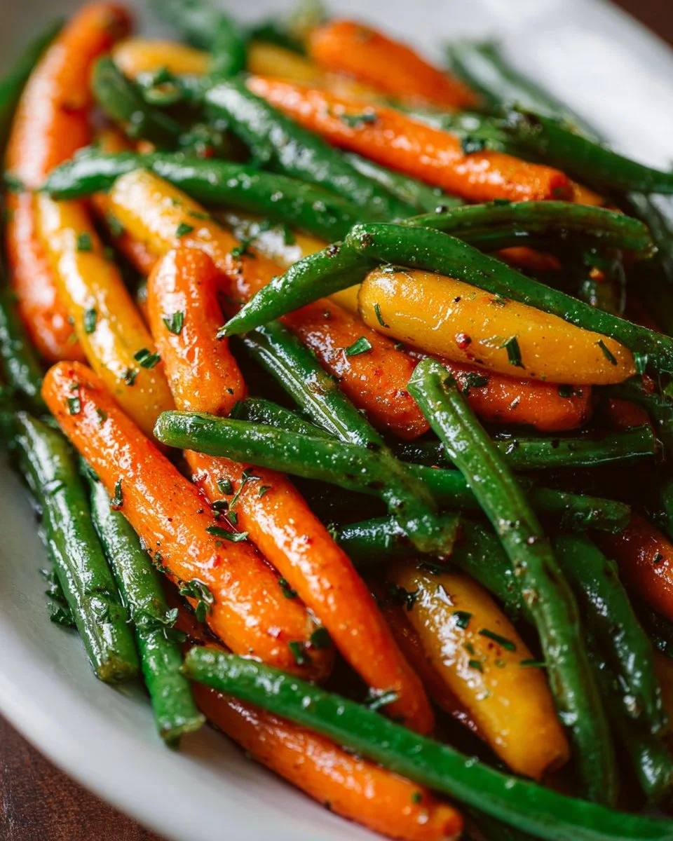 Plate of honey glazed carrots and green beans, a delicious side dish.