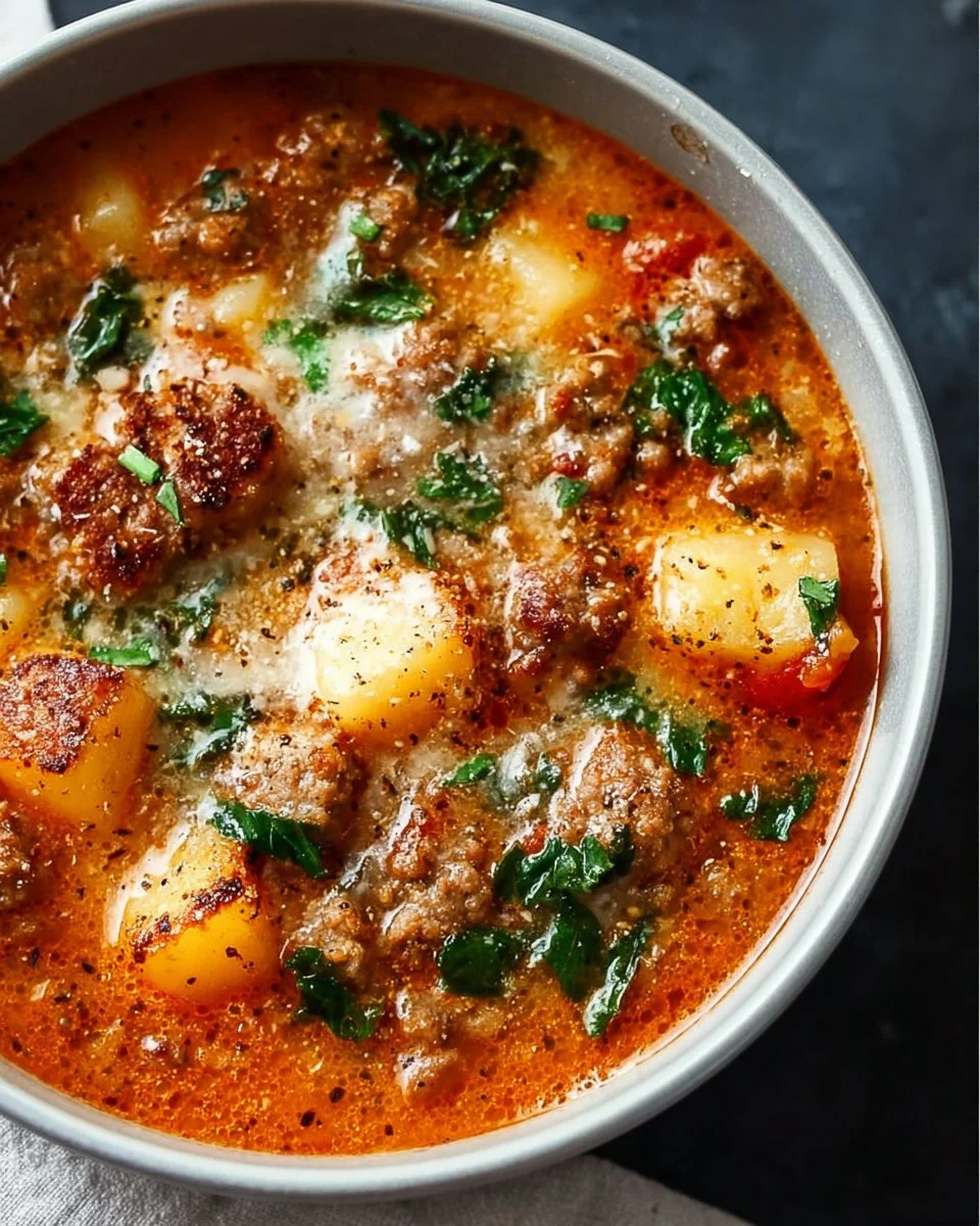 Bowl of flavorful Italian Sausage Soup garnished with fresh herbs.