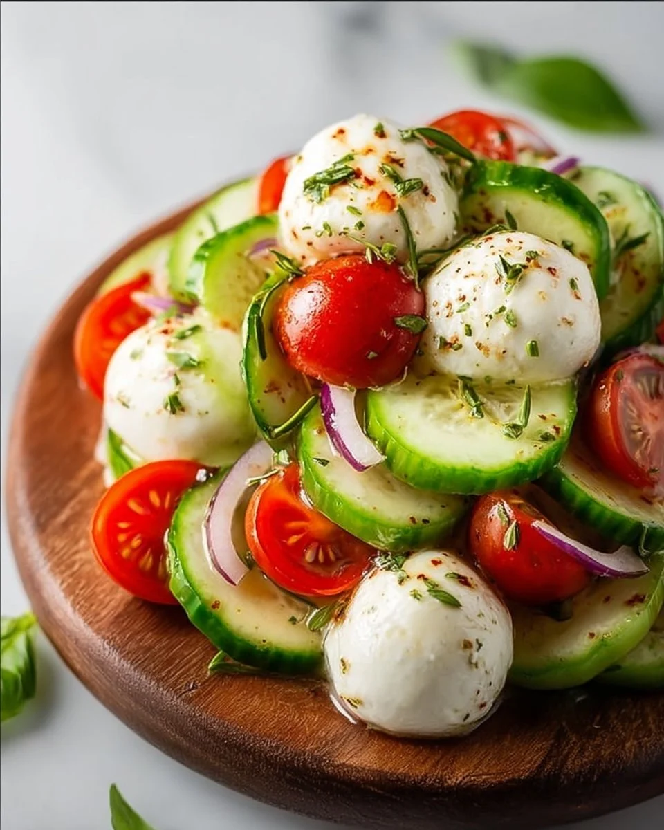Juicy Cucumber Caprese Salad with fresh tomatoes, mozzarella, and basil