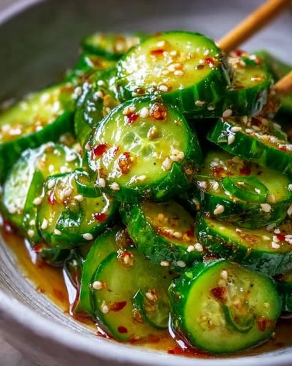 Delicious Korean cucumber salad in a bowl, showcasing fresh vegetables and spices.