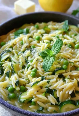 Lemon orzo with zucchini served on a plate garnished with fresh herbs.