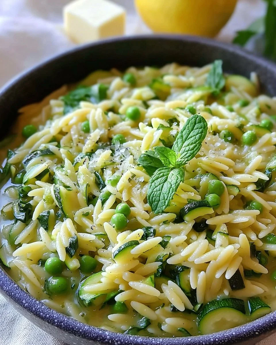 Lemon orzo with zucchini served on a plate garnished with fresh herbs.