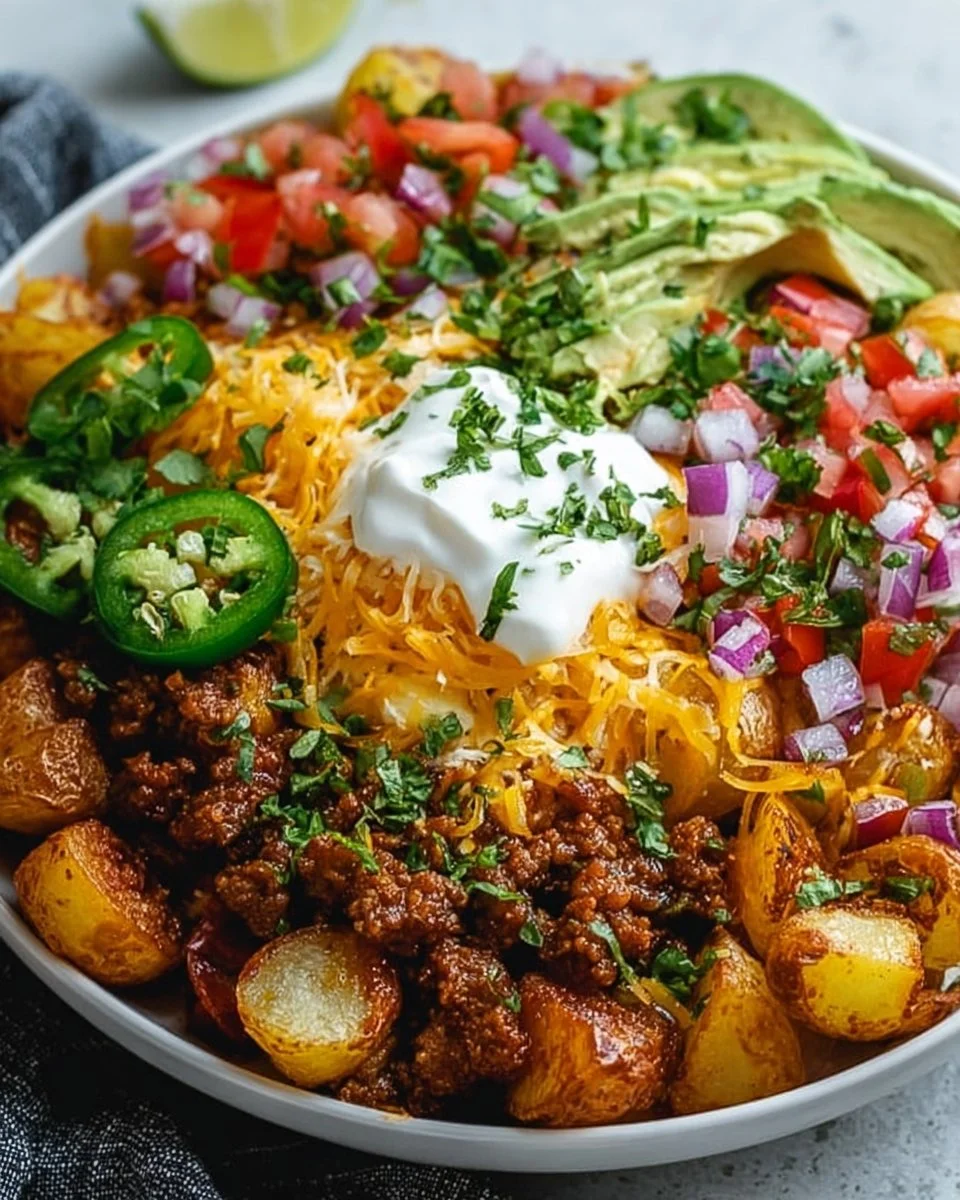 Delicious loaded potato taco bowl with toppings and seasonings