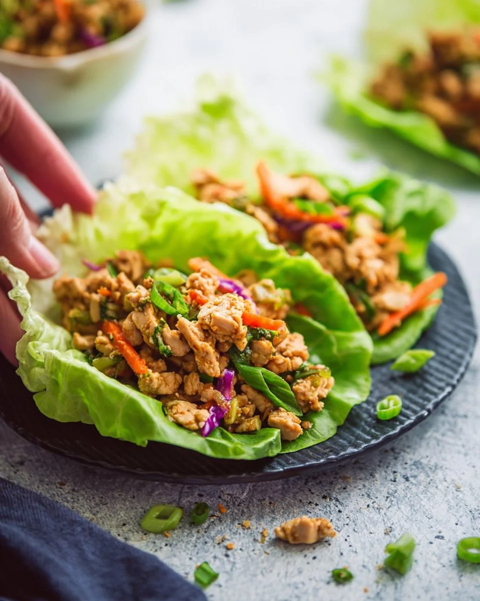 Delicious Low Carb Thai Chicken Lettuce Wraps served on a plate