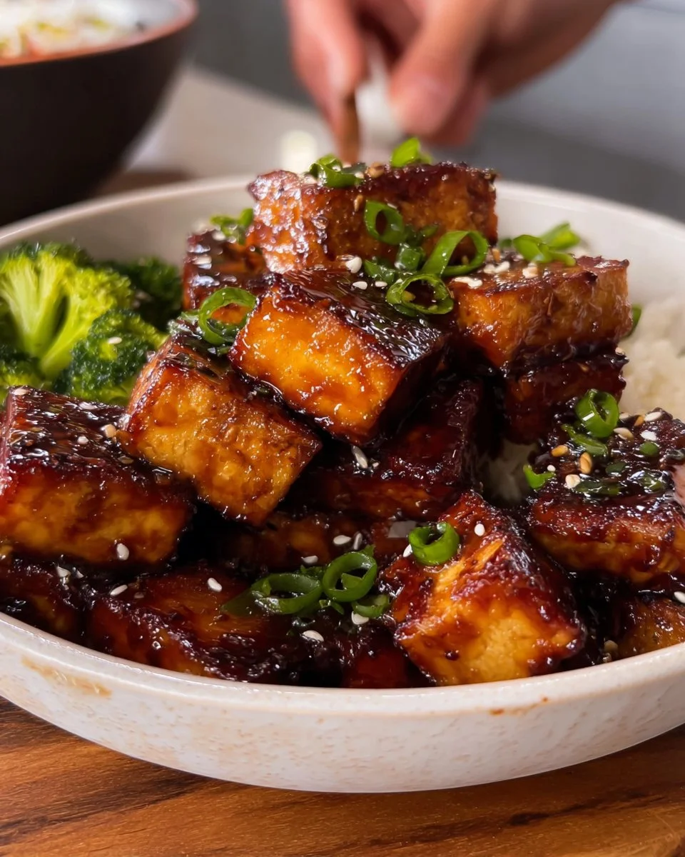 Deliciously cooked Maple Glazed Tofu served on a plate with fresh vegetables