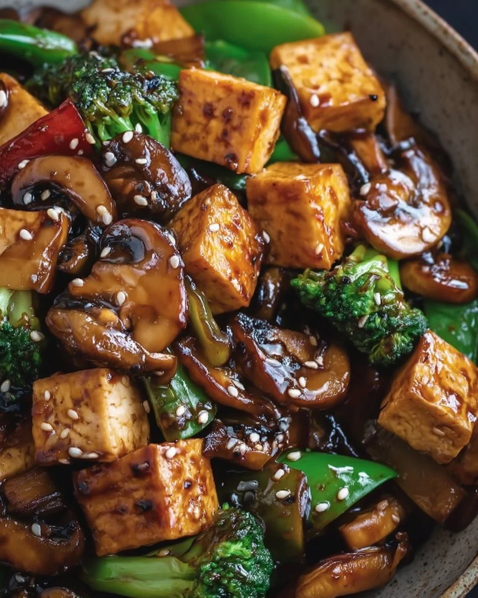 Mushroom Tofu Stir-Fry with colorful vegetables and herbs in a vibrant pan