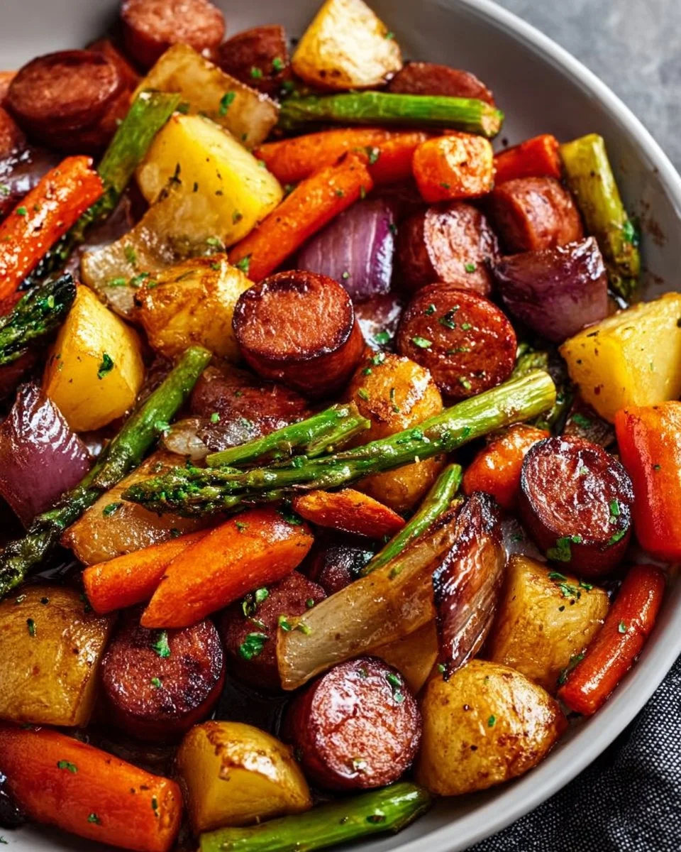 One-Pan Honey Garlic Kielbasa with colorful veggies served in a skillet