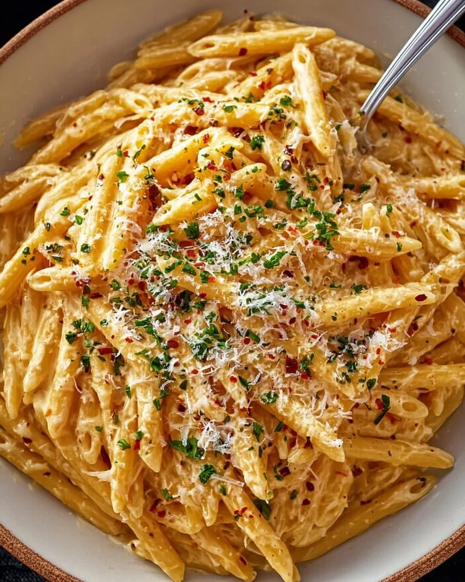 One Pot Creamy Garlic Pasta served in a bowl with garlic bread on the side