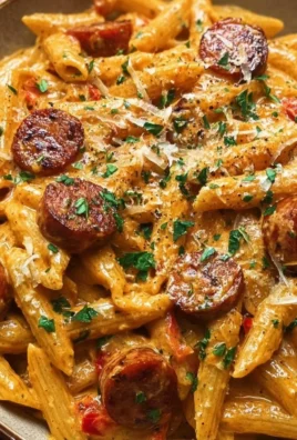 One-pot creamy Cajun sausage pasta in a skillet with peppers and spices