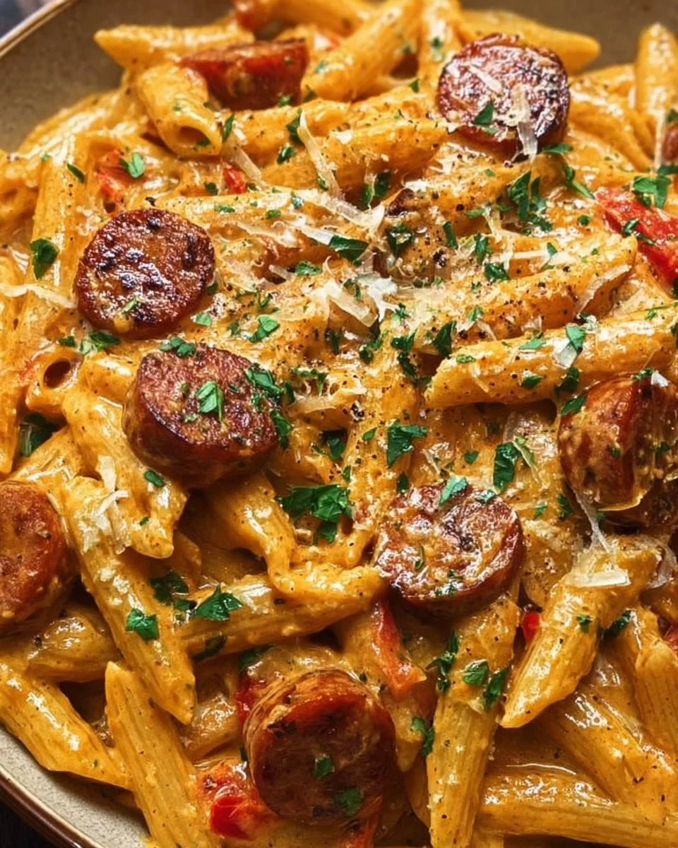 One-pot creamy Cajun sausage pasta in a skillet with peppers and spices