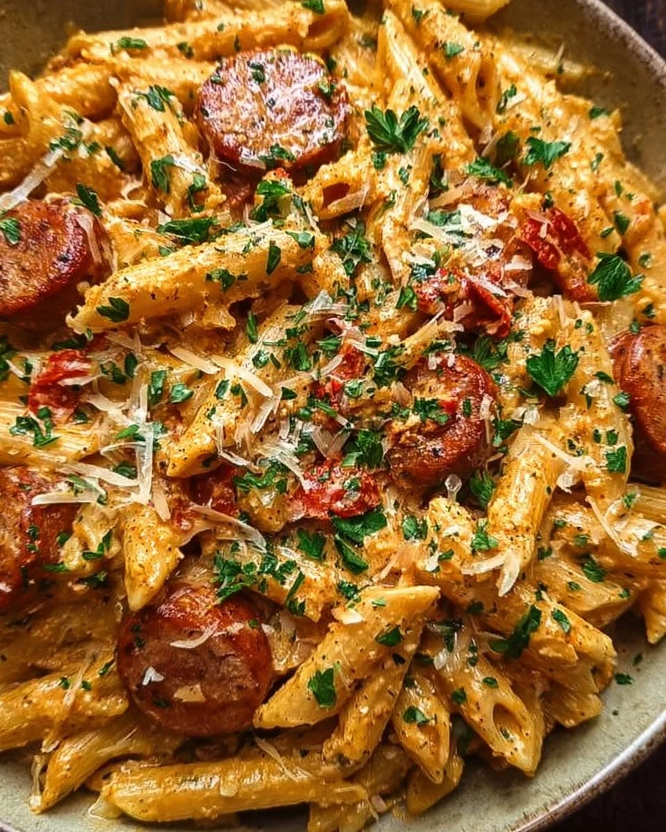 One-pot creamy spicy Cajun sausage pasta in a bowl