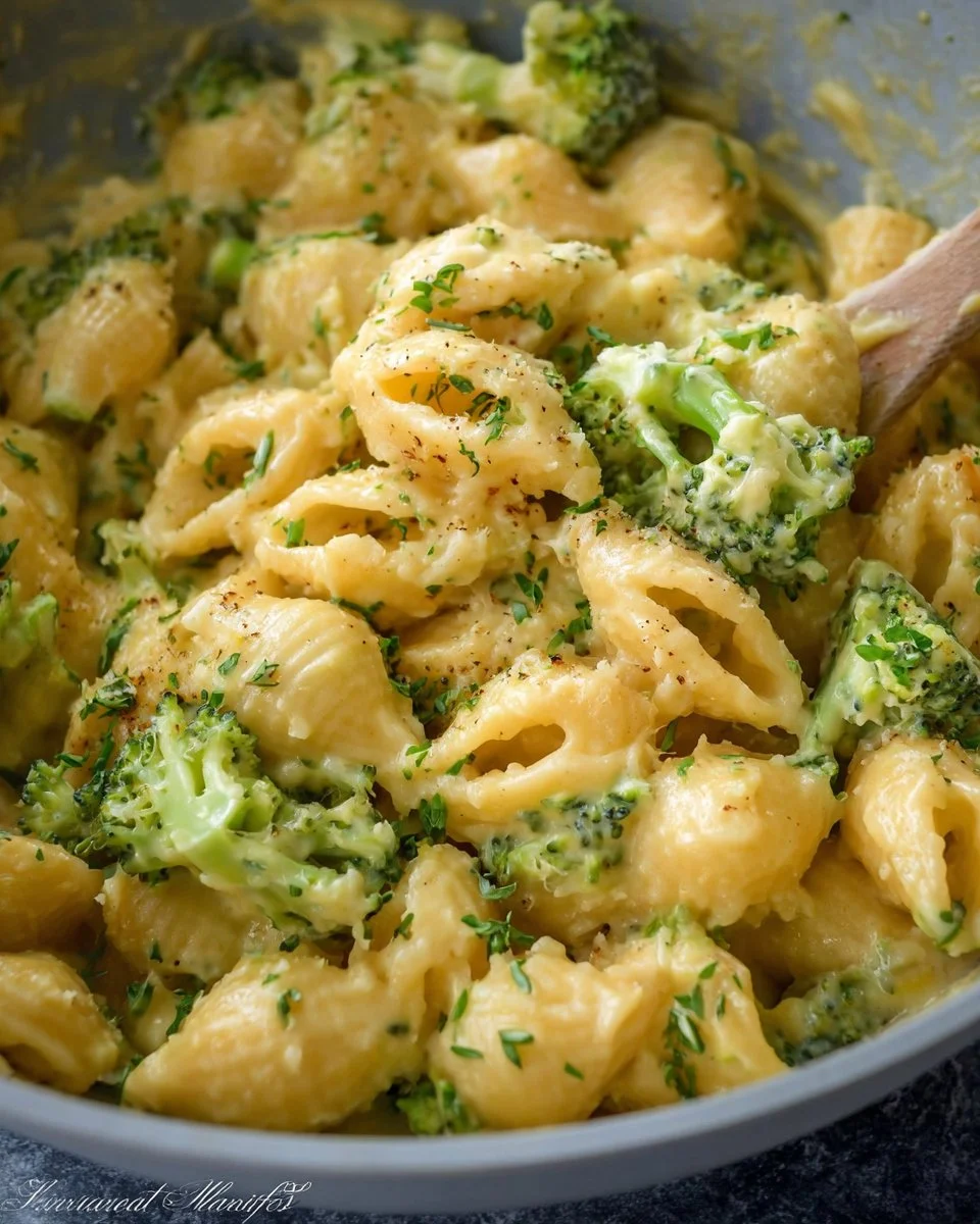 Healthy one pot broccoli mac and cheese with creamy cheese sauce and vegetables