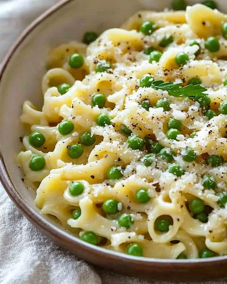 Delicious plate of pasta and peas garnished with fresh herbs