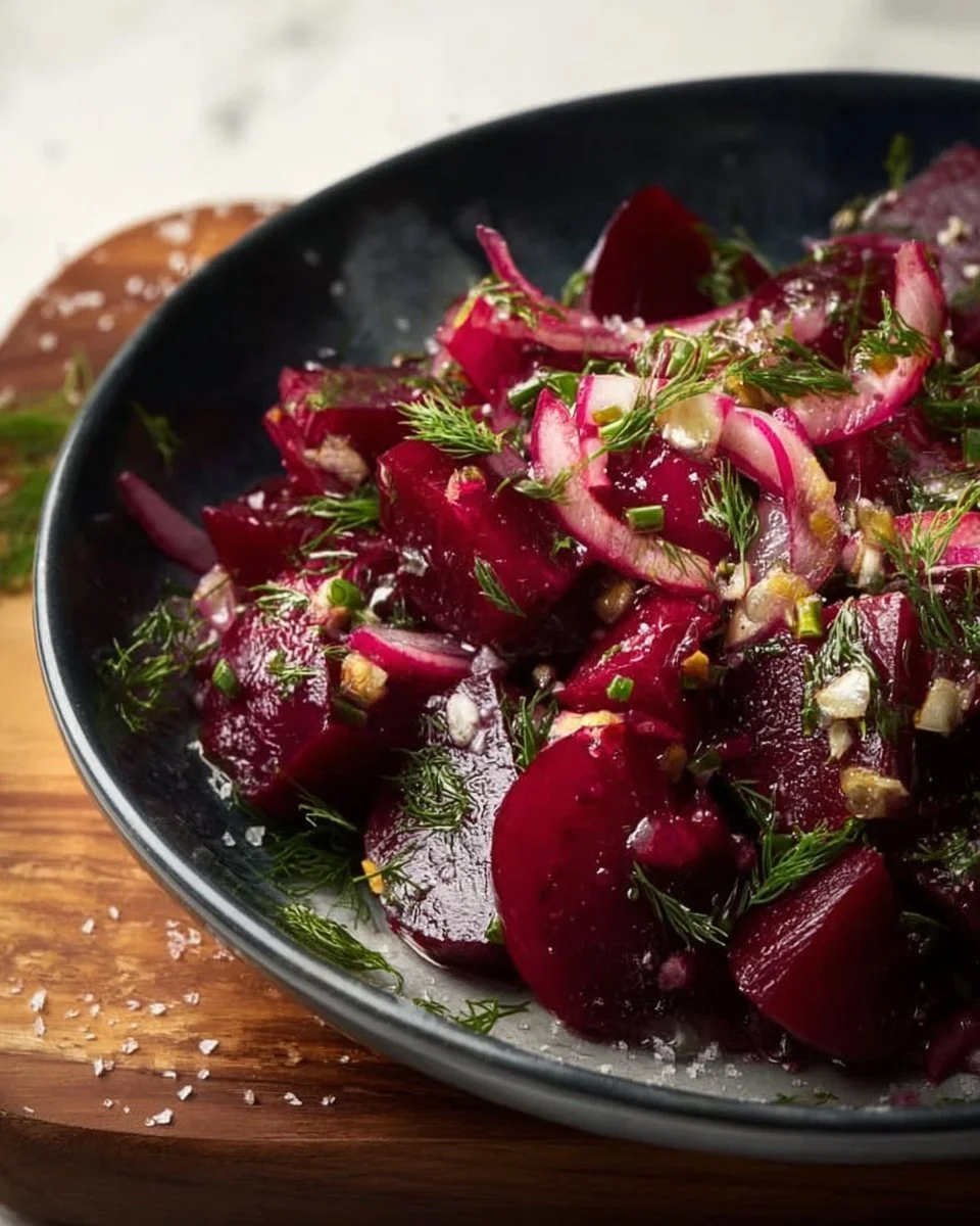 Colorful pickled beet salad garnished with fresh herbs and feta cheese.