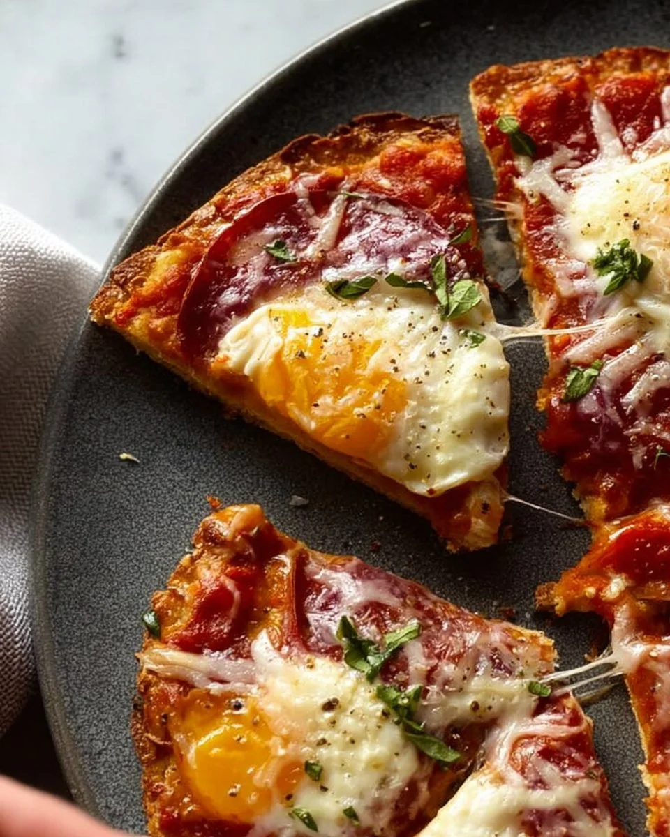 Delicious Pizza Eggs served on a plate with fresh toppings and herbs.