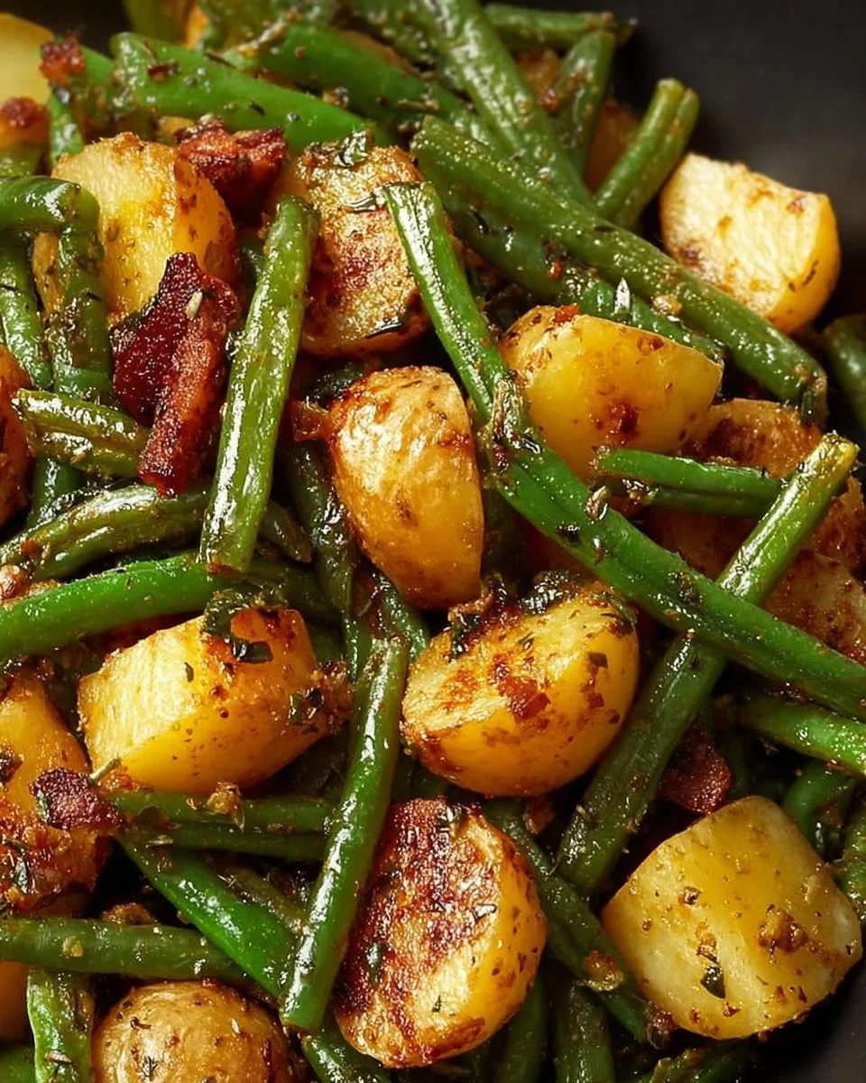 A plate of cooked potatoes and green beans, showcasing a healthy meal option.