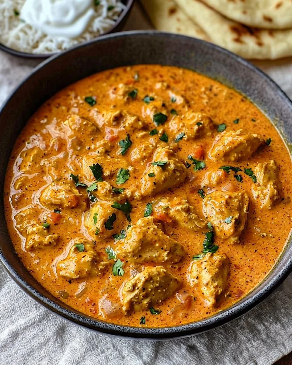 Delicious homemade butter chicken served with rice and naan