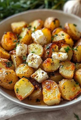 Delicious roasted potatoes with baked feta and garlic on a serving plate