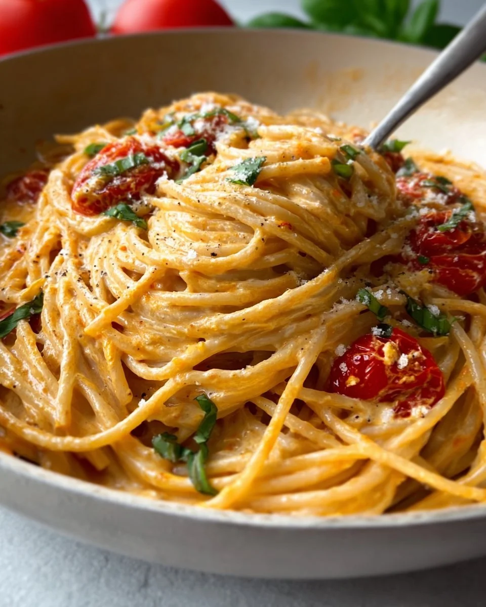 Delicious roasted tomato garlic ricotta pasta served in a bowl.