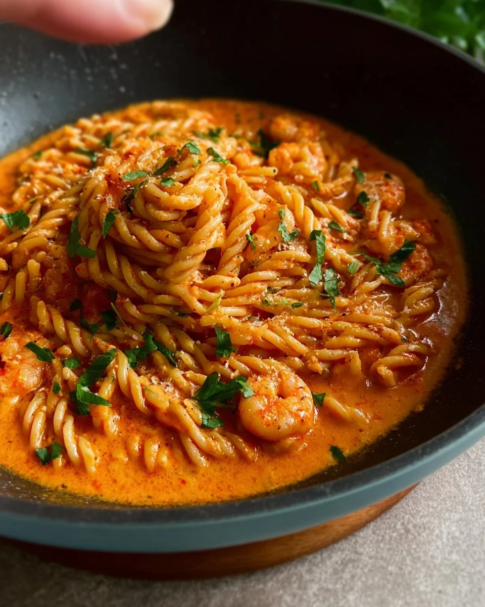Plate of Rose Shrimp Pasta in creamy pink sauce garnished with fresh herbs