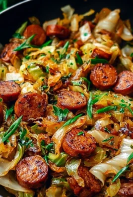 Sausage and cabbage stir fry served in a skillet, colorful and appetizing dish