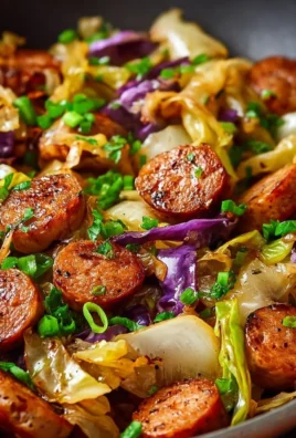 Sausage and cabbage stir fry in a skillet with colorful vegetables