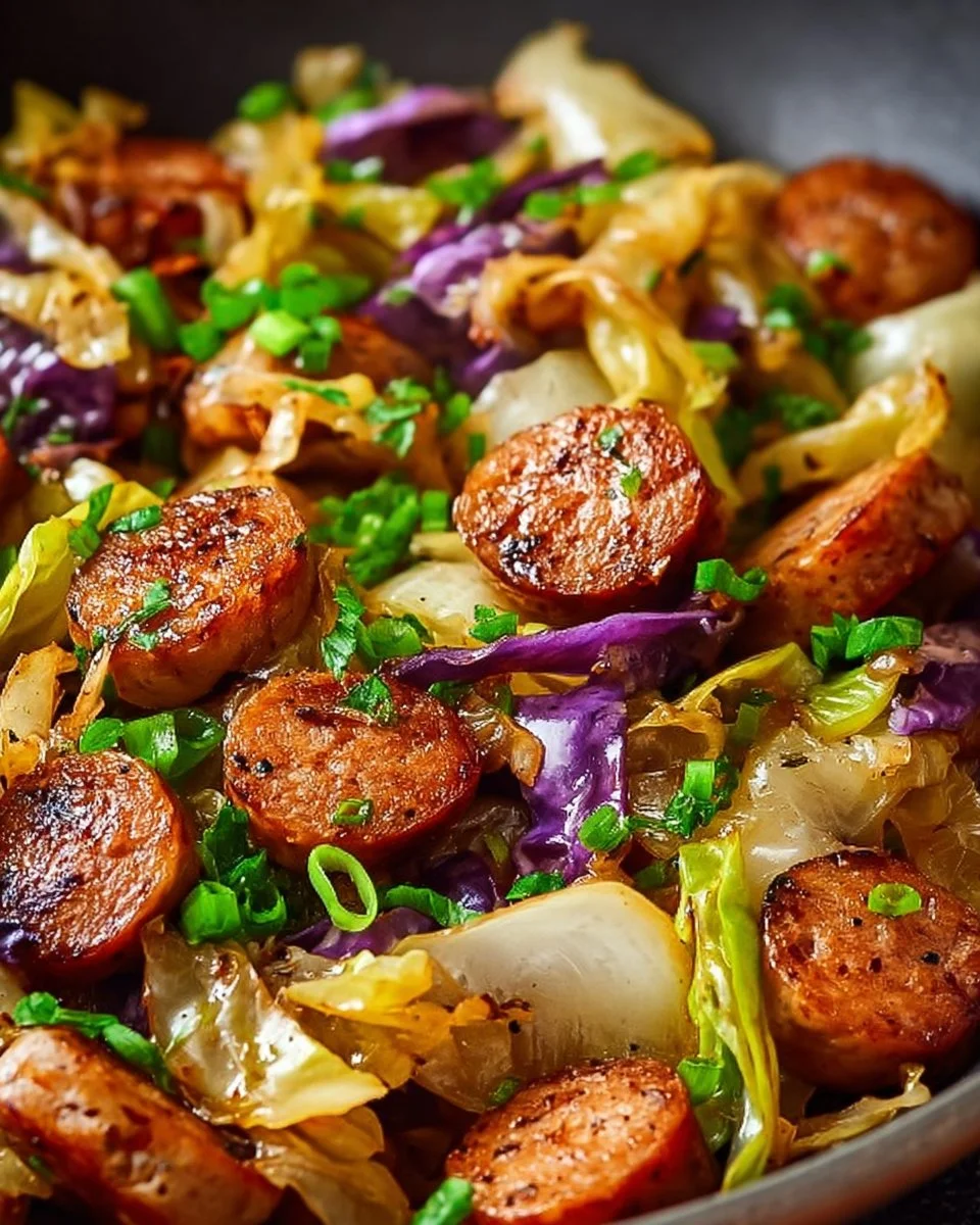 Sausage and cabbage stir fry in a skillet with colorful vegetables