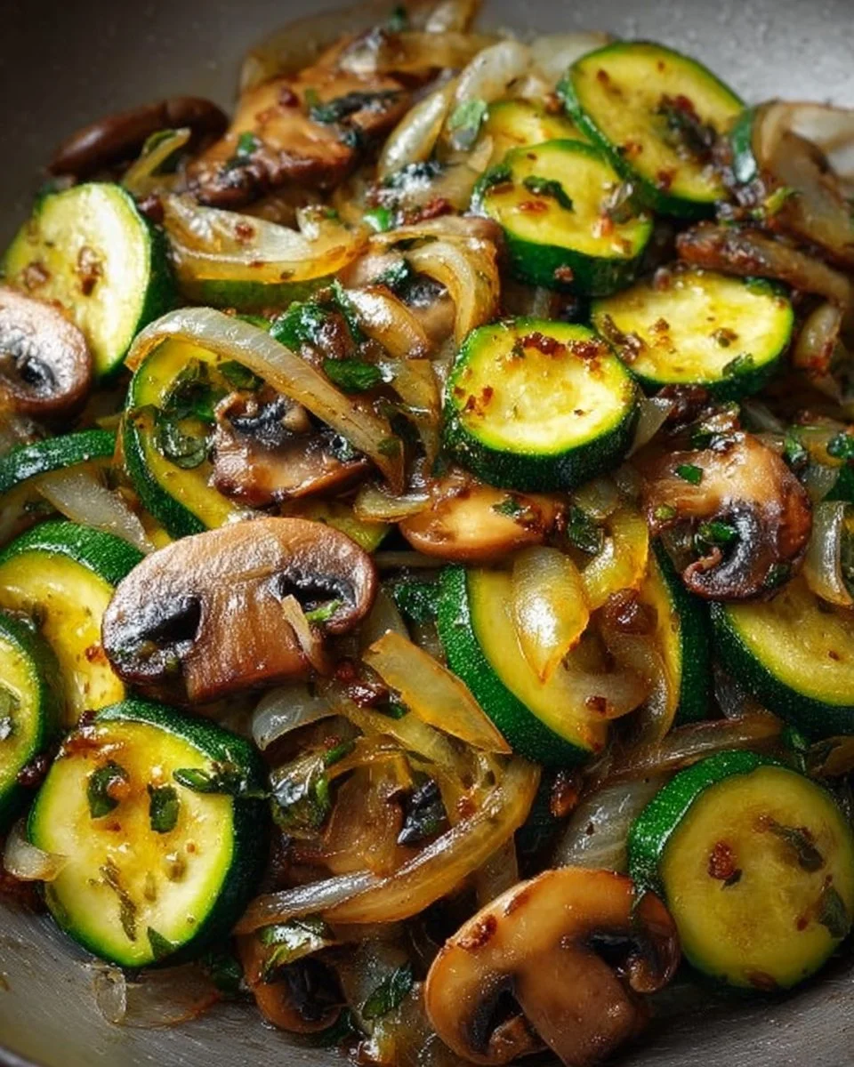 Sautéed zucchini mushrooms and onions in a pan