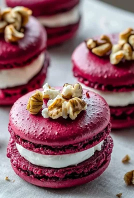 Savory beet macarons filled with creamy goat cheese, beautifully plated.