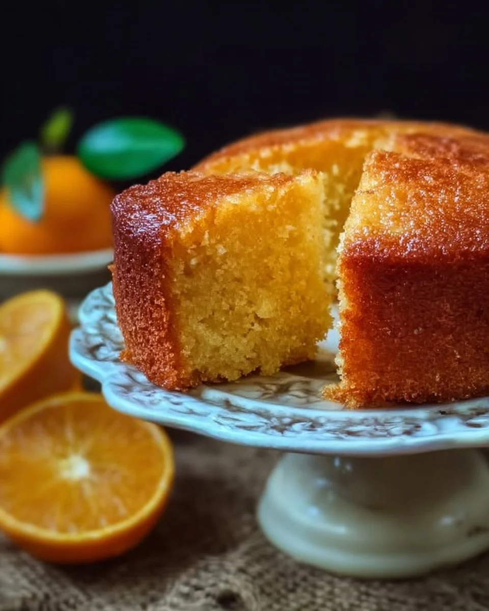 Sicilian Whole Orange Cake topped with orange slices on a white plate