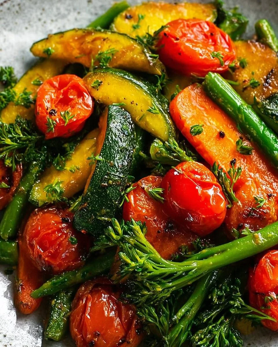 Colorful assorted sautéed vegetables on a plate, showcasing healthy cooking.