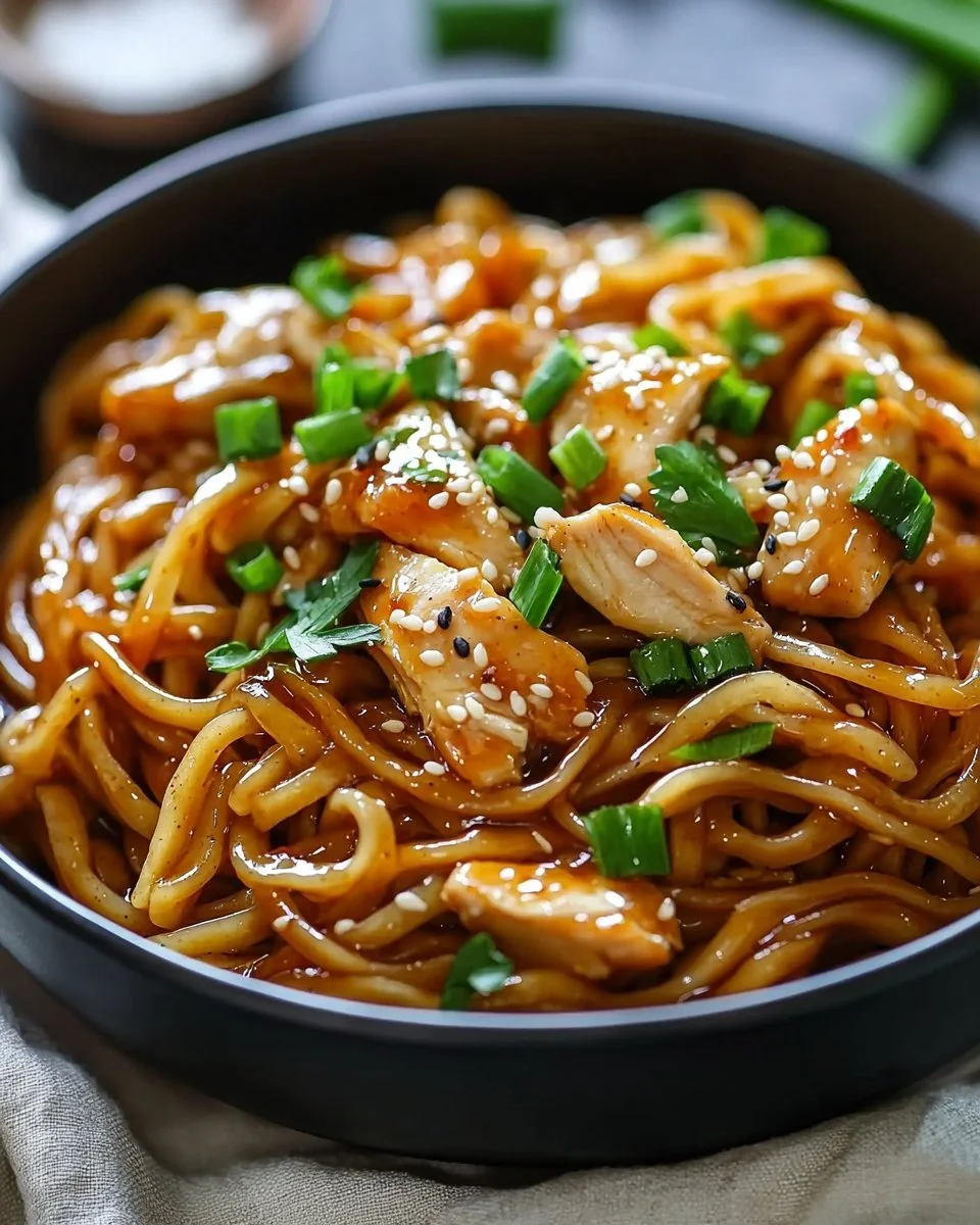 Plate of sticky garlic chicken noodles garnished with green onions