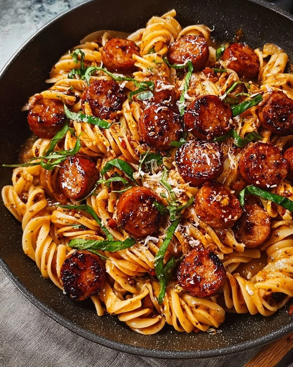 Sticky Honey Garlic Sausage Pasta Skillet