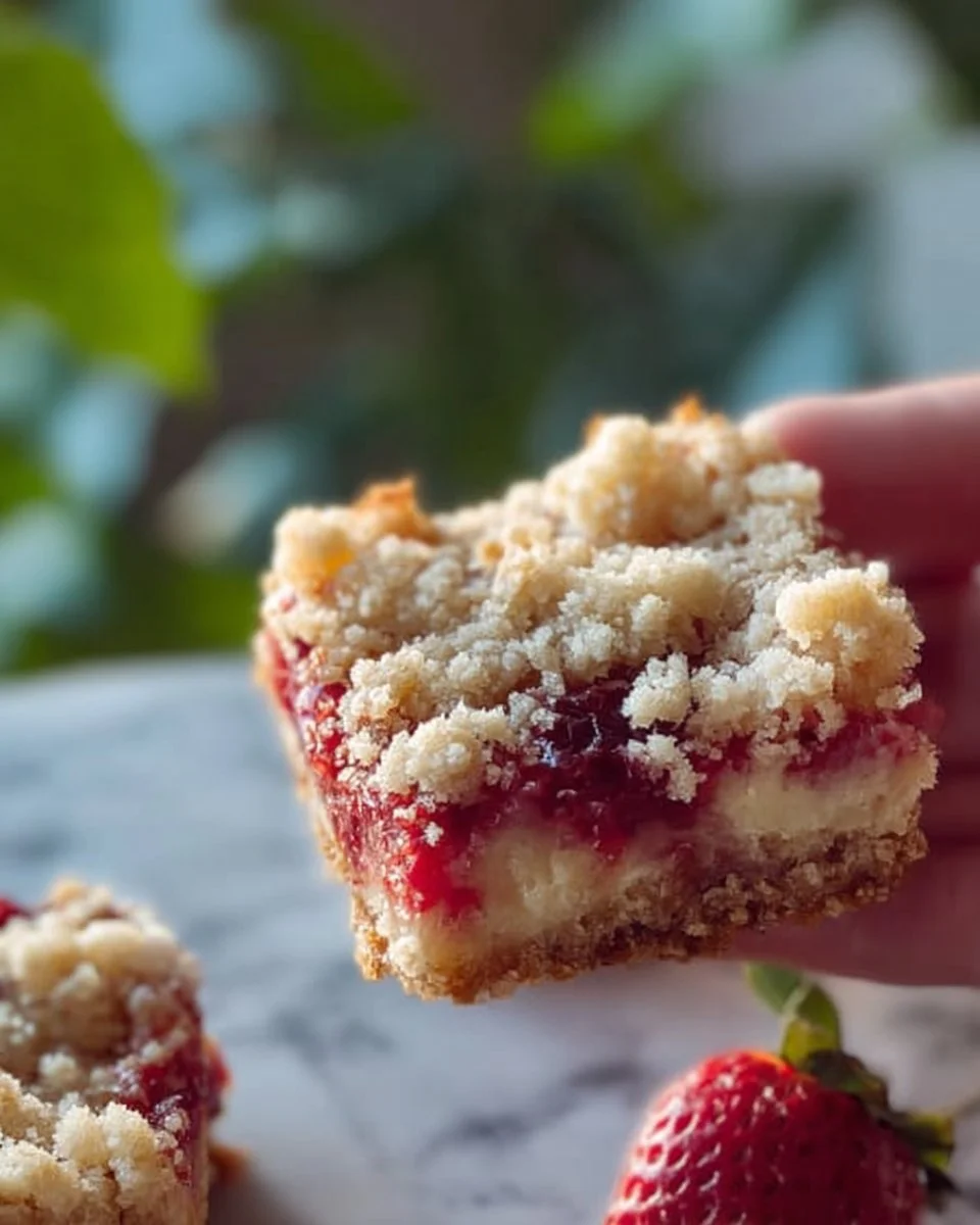 Strawberry cheesecake crumb bars topped with fresh strawberries and crumbly crust.