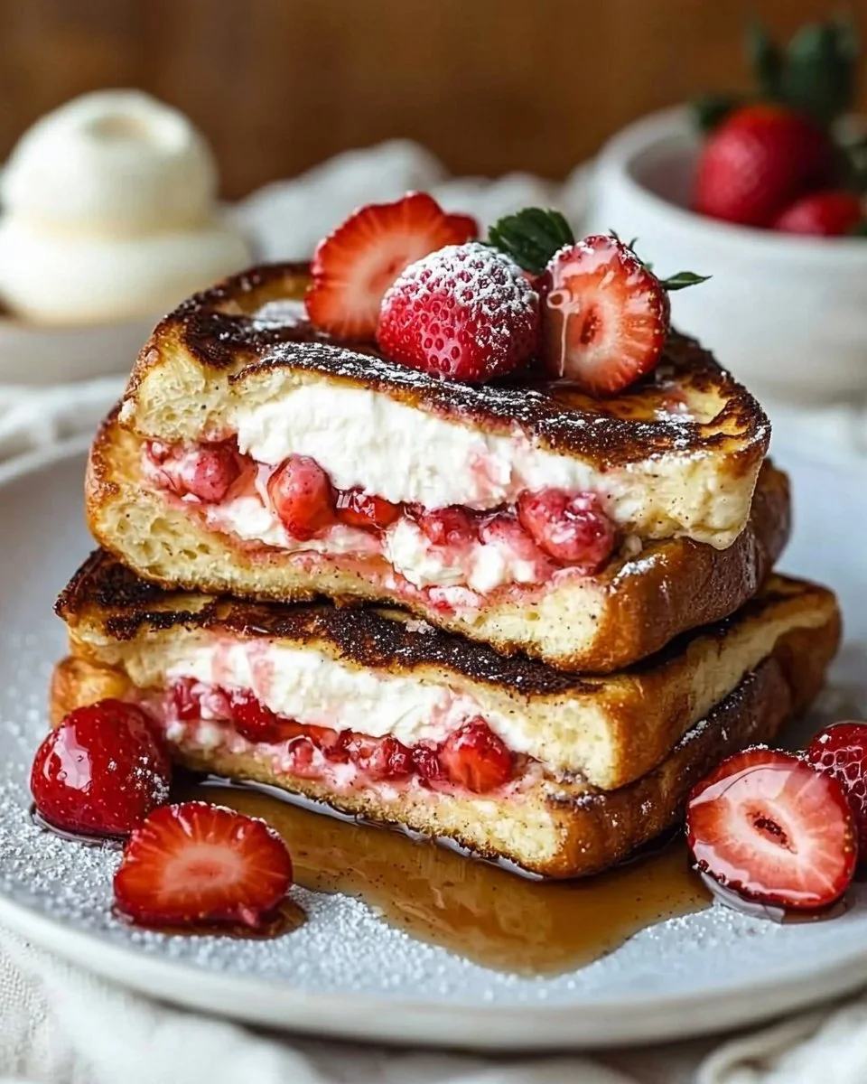 Delicious strawberry cream cheese stuffed French toast served with fresh berries